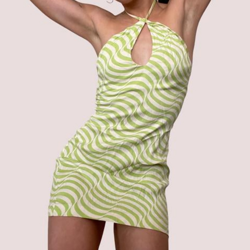 Zara Green White Retro Wavy Stripe Mini Halter Dress Size M Slit Cut Out Satin